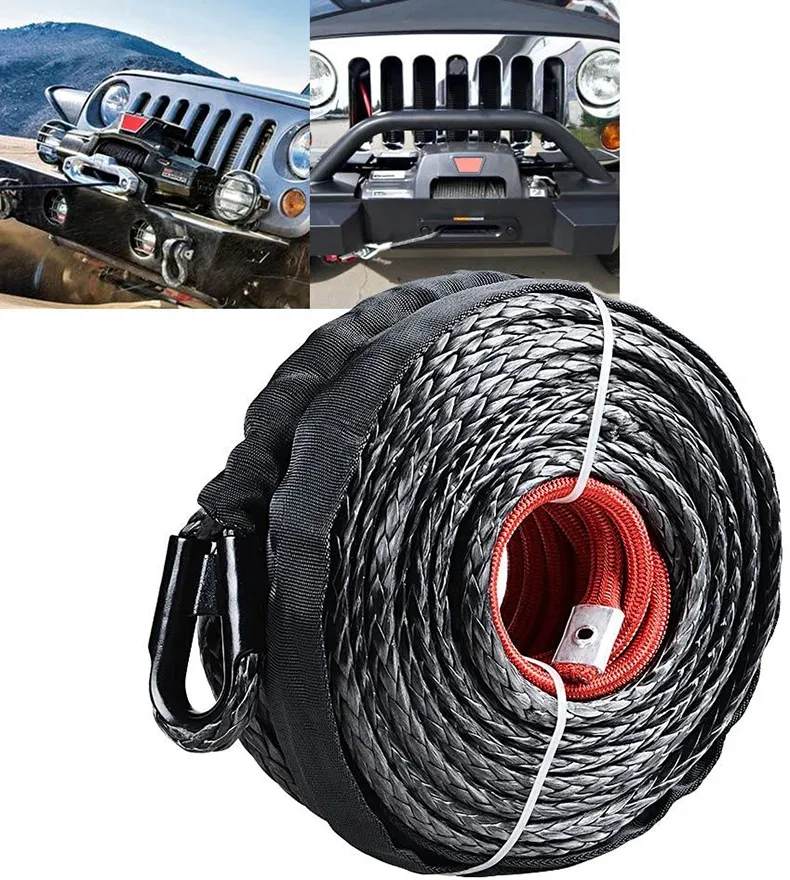 Gray Synthetic Tow Rope String Line Cable with Sheath - 29m/12000LBs for ATV UTV Off-Road Car Wash and Maintenance