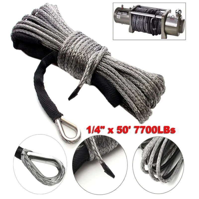 Gray Synthetic Car Tow Rope 15m Winch Rope String Line Cable with Sheath for ATV, UTV, and Off-Road Use (7700LBs)