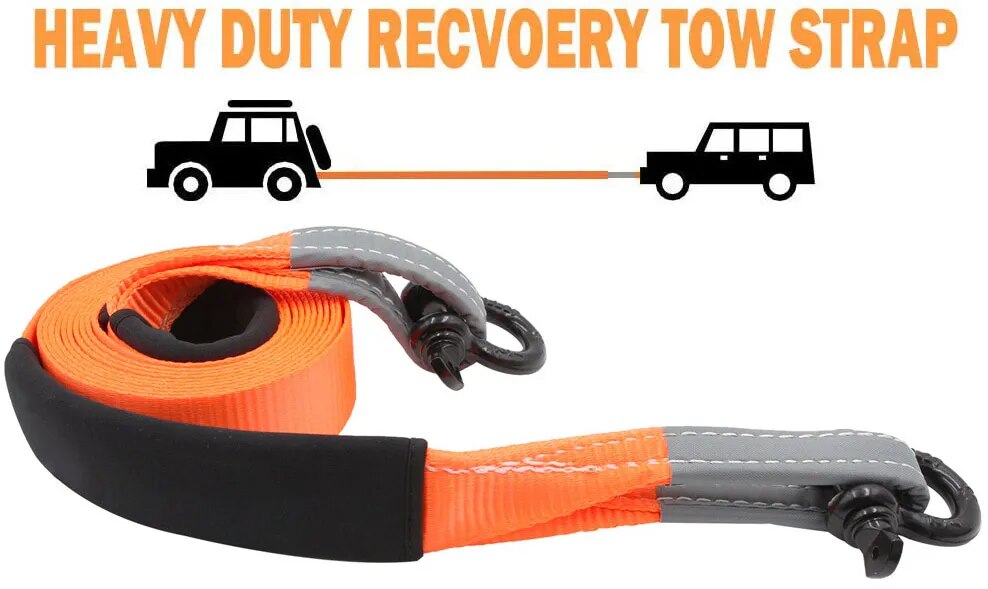 Car Tow Rope Recovery Kit with D Ring Shackles and Reinforced Loop: Heavy-Duty Emergency Off-Road Towing Solution with Gloves and Storage Bag