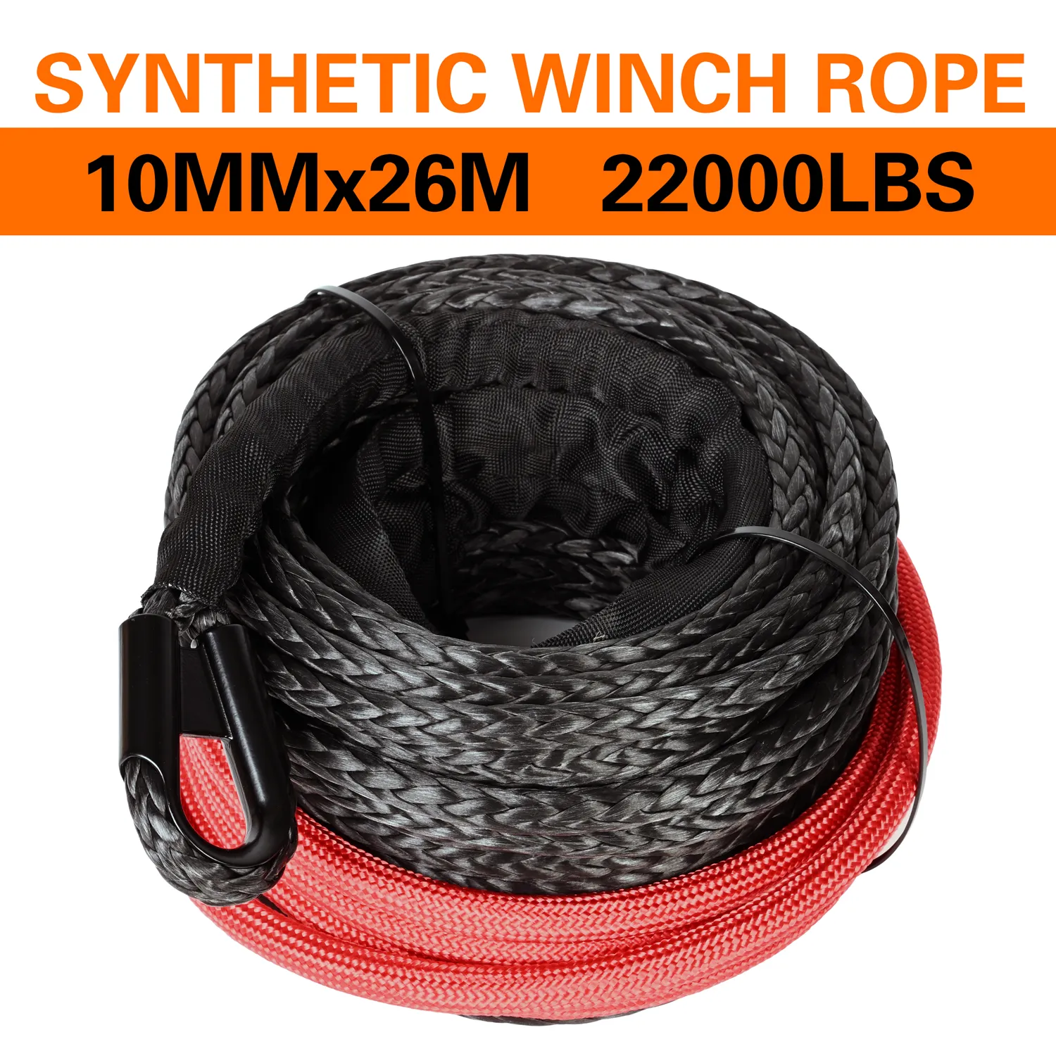 10mm x 26m Synthetic Tow Rope Cable with Black Protective Sleeve - 22000LBs for ATV UTV SUV (Black)